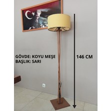 Balsa Dekor Ahşap Lambader-Köşe Lambası-Sarı Kumaş Başlık- Koyu Meşe