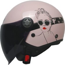 Kuzey Motor FR-612 Bella Yarım Kask Pembe-Siyah-Beyaz (Siyah Camlı+Güneş Vizörlü)