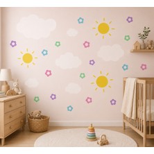 Renkli Bulut Güneş Çiçek Çocuk Odası Stickerı | Bebek Odası Duvar Dekorasyonu | Çiçek Sticker Seti