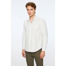 Morven  Erkek Bej Trend Çizgili Dynamic Fit Sert Yaka Gömlek
