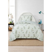 Lal Home Deco Flowers Tek Kişilik Yatak Örtüsü Seti 180X240CM - Volanlı Yastıklı %100 Polyester Modern Yeşil Beyaz