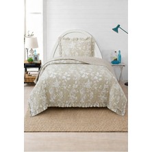 Lal Home Deco Flowers Tek Kişilik Yatak Örtüsü Seti 180X240CM - Volanlı Yastıklı %100 Polyester Modern Bej Beyaz