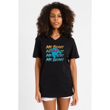 Mr Beast Lettern Siyah Kadın V Yaka Tshirt
