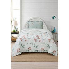 Lal Home Deco Flowers Tek Kişilik Yatak Örtüsü Seti 180X240CM - Volanlı Yastıklı %100 Polyester Modern Yeşil Pembe