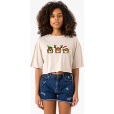 3 Wise Beagles Christmas Bej Kadın Crop Tshirt