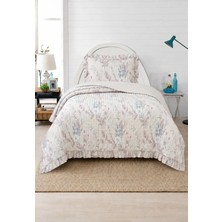Lal Home Deco Flowers Tek Kişilik Yatak Örtüsü Seti 180X240CM - Volanlı Yastıklı %100 Polyester Modern Mavi Pembe