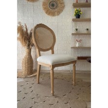 Silla Madalyon Sandalye Teddy Krem Kumaş Oymalı Hasırlı Naturel Ahşap Sandalye