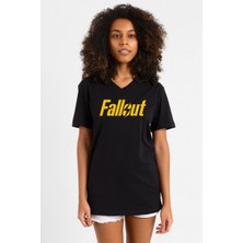 Fallout Lettern Siyah Kadın V Yaka Tshirt