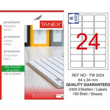 Tanex TW-2024 64x34 mm Laser Etiket 100 Adet A4 Boyutunda Kaliteli Etiketler