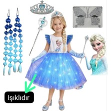 3b Kids Elsa Işıklı Elbise Kostüm + Elsa Mavi Peruk Bubble Saç taç asa yüz taşı Seti Doğum Günü Parti Düğün Davet Özel Gün