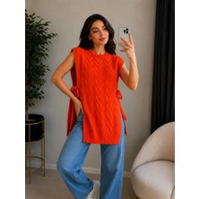 SFG Life Moda Kadın Bisiklet Yaka Yanları Açık Bağcıklı Oversize Triko Süveter