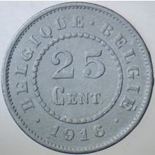 Banknoting Belçika 25 Centimes 1916 Alman Işgali-I. Dünya Savaşı Dönemi. Çinko.