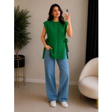 SFG Life Moda Kadın Bisiklet Yaka Yanları Açık Bağcıklı Oversize Triko Süveter