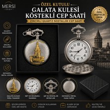 Mersi Shop Özel Kutulu Gümüş Galata Kulesi Köstekli Cep Saati | Zincirli Quartz Nostaljik Cep Saati