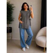 SFG Life Moda Kadın Bisiklet Yaka Yanları Açık Bağcıklı Oversize Triko Süveter