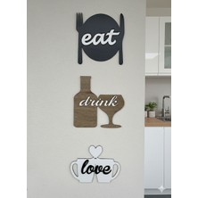 Sayılı Collection 3’lü Ahşap Mutfak Duvar Dekoru ‘eat Drink Love’ Yazılı Modern Siyah Kahverengi Mutfak Tablosu Seti