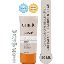 Ornate Ton Eşitleyici, Nemlendirici ve Canlandırıcı Pirinç Özlü SPF50+ Güneş Kremi 50 ml