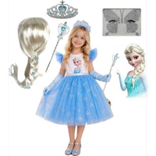 3b Kids Elsa Anna Karlarülkesi Kostüm Elbise + Elsa Peruk + Elsa Taç - Asa + yüz taşı Seti Doğum Günü