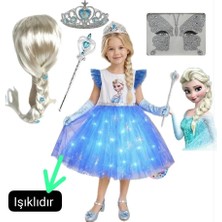 3b Kids Işıklı Elsa Anna Kostüm Elbise + Elsa Peruk + Elsa Taç-Asa + yüz taşı Doğum Günü Parti Seti