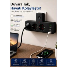 The Wlue 3’lü Akım Korumalı Priz Çoğaltıcı | 3x USB-A ve 1x Type-C Çıkışlı Priz | 2500W 10A
