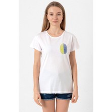 Sarı Lacivert Parmak Izi Beyaz Kadın Bisikletyaka Tshirt