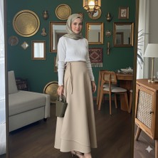 Merve Akyol Moda Yandan Bağlamalı Scuba Etek Bej - Beden: 40