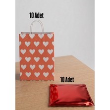 e ERTA 25X31 cm 10 Adet Beyaz Kalp Desenli Kırmızı Kraft ÇANTA,25X35 cm 10 Adet Kırmızı Renkli Metalize Hediye Poşeti