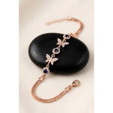 Gümüş Pazarım Rose Gold Kaplama Safir Taşlı Kelebek Motifli Gümüş Bileklik