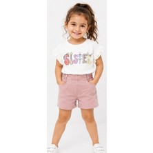 İrem Çocuk Giyim Kız Çocuk Kolları Fırfırlı Sister Yazılı Şortun Beli Lastikli Cepli Ekru Renk Kısa Kollu Takım