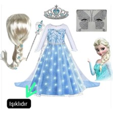 3b Kids Işıklı Elsa Anna Kostüm Elbise + Elsa Peruk + Elsa Taç-Asa+ yüz taşı Doğum Günü Parti Seti