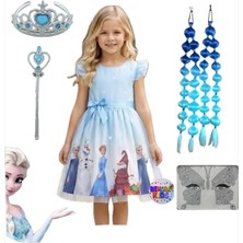 Bemora Kids Elsa Anna Frozen Elbise Mavi Elbise Elsa Anna Baskılı Elbise + Mavi Elsa Anna Babble Saç + Taç Asa + yüz taşı Doğum Günü Parti Düğün Davet Bayram Elbise Kostüm