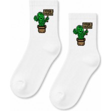 Carnaval Socks Free Hugs Kaktüs Desenli Beyaz Yarım Konç Kısa Çorap
