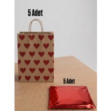 e ERTA 25X31 cm 5 Adet Kırmızı Kalp Desenli Kraft Renkli ÇANTA,25X35 cm 5 Adet Kırmızı Renkli Metalize Hediye Poşeti