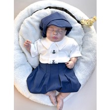 Mama Miel Baby Lacivert Şort ve El Işi Ayıcıklı Çıtçıtlı Body Kasket Erkek Bebek Takım