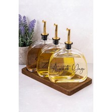 Dolkin Home 3lü Lüx 500 ml Yağdanlık Akasya Ahşap Standlı Gold Kapak Cam Yağlık Zeytinyağı Ayçiçek Yağı Sosluk Sirkelik