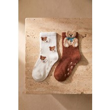 Bebek 2 Li Paket Teddy Baskılı Soket Çorap Ekru-Koyu Kahverengi