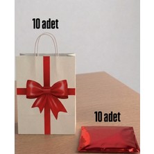 e ERTA 25X31 cm 10 Adet Kurdele Desenli Kraft ÇANTA,25X35 cm 10 Adet Kırmızı Renkli Metalize Hediye Poşeti