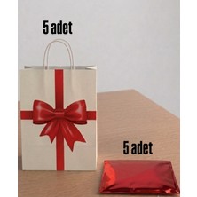 e ERTA 25X31 cm 5 Adet Kurdele Desenli Kraft ÇANTA,25X35 cm 5 Adet Kırmızı Renkli Metalize Hediye Poşeti