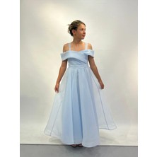 Butik Happy Kids Kız Çocuk Uzun Mavi Askılı Şifon Abiye Elbise 9-15 Yaş