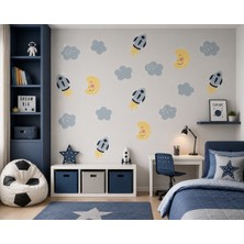 Kargo Poşetim Uzay Temalı Duvar Stickerları – Roket, Bulut ve Ay Figürlü Set