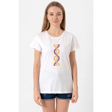 Sarı Kırmızı Dna Beyaz Kadın Bisikletyaka Tshirt