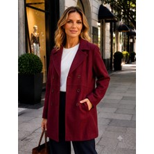 Perla Blanca Bordo Kruvaze Geniş Kesim Oversize Düğme Kapamalı Premium Kaşe Kaban