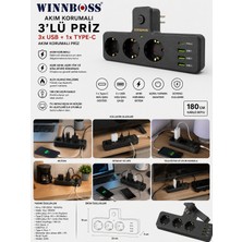 Winnboss Akım Korumalı Kablolu 3lü Priz Typ-C 1ADET,USB 3ADET