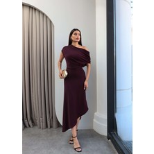 Esra Helvacı Drapeli Degaje Yaka Asimetrik Elbise