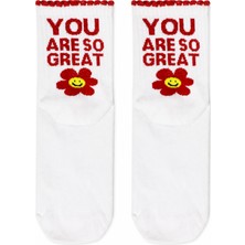 Carnaval Socks You Are So Great Yazılı Çiçek Desenli Beyaz Yarım Konç Kısa Çorap