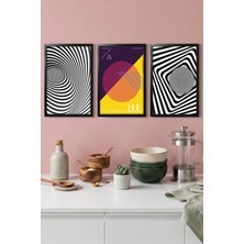 Dekorvia  3 Parça Mdf Tablo Siyah Ahşap Çerçeve Görünümlü Optik Sanat ve Geometrik Desenler