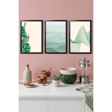 Dekorvia 3 Parça Mdf Tablo Siyah Ahşap Çerçeve Görünümlü Yeşil Tonlarda Modern Set