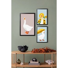 Dekorvia  3 Parça Mdf Tablo Siyah Ahşap Çerçeve Görünümlü Modern Kaz Desenli Set
