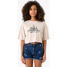 Camping Life Bej Kadın Crop Tshirt
