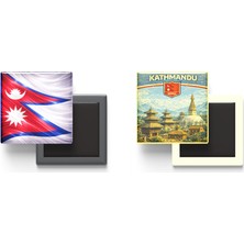 İberk Buzdolap Magnetleri - Nepal Bayrağı ve Retro Tema - 2'li Set Magneti